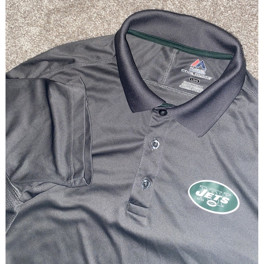 Majestic Cool Base New York Jets Polo Shirt Men Large Green/Gray Performance NFL